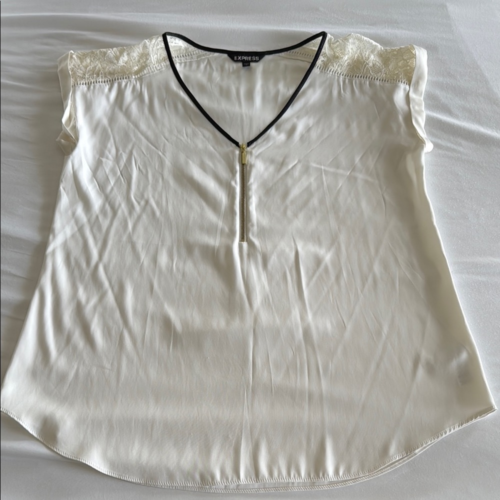 Express Cream V-Neck Blouse with Black Accents